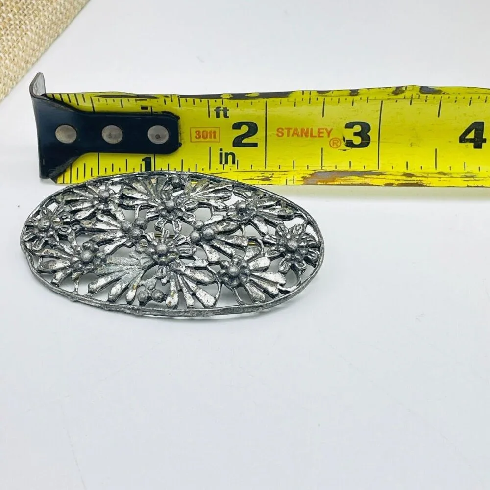 Oval Floral Bouquet Brooch Silver Tone Nature Botanical Garden Trees Flowers